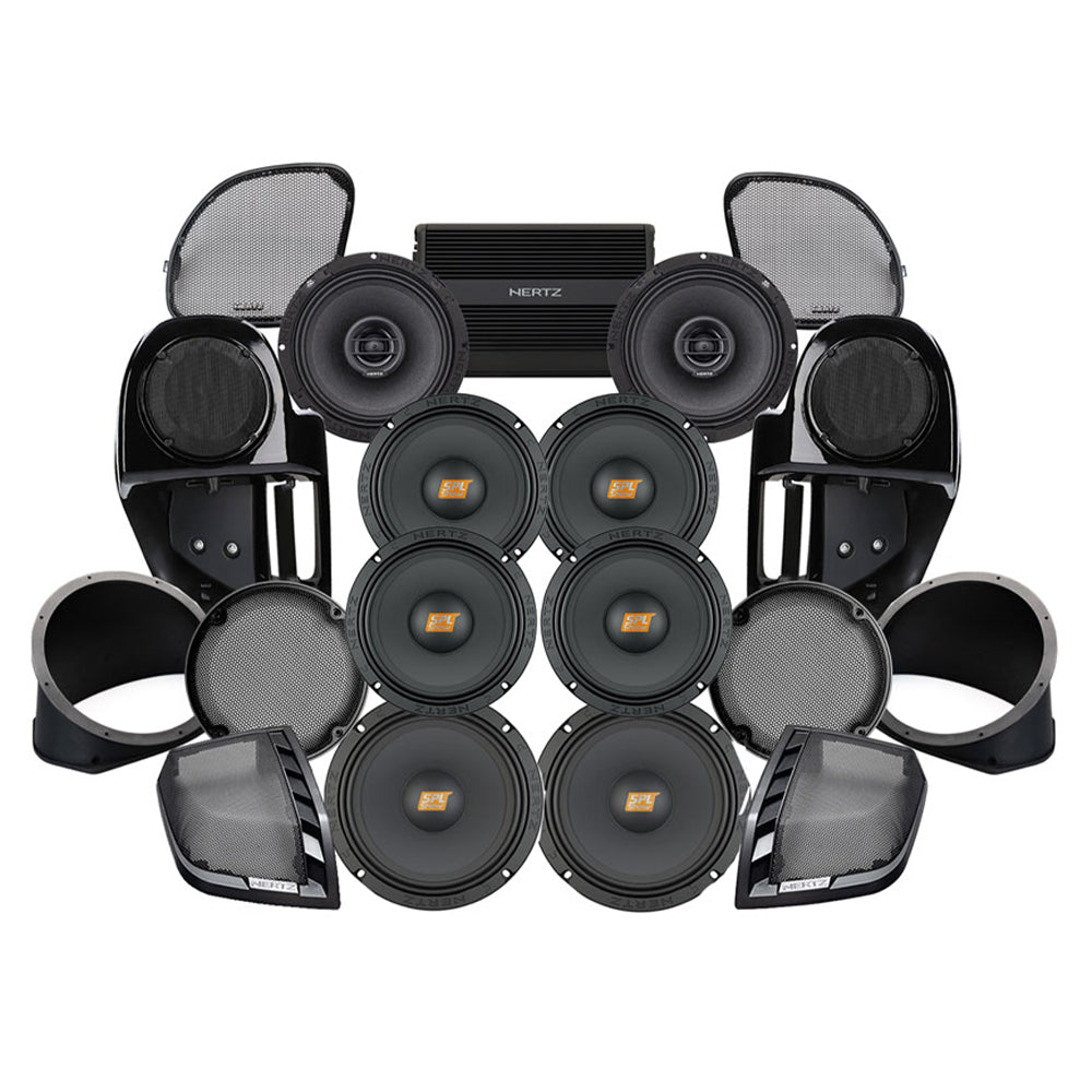 Hertz Stage 8 Plug & Play Amp and Rear 8" Speaker Package + Adapters with Complete Lower Fairing Adapters For 2015-2023 Harley Davidson® Road Glide with Factory or Existing SoundStream Reserve Radios