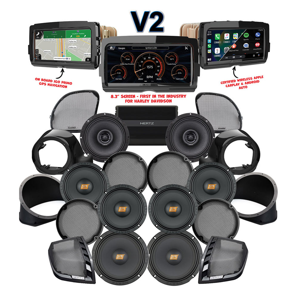 Hertz Stage 8 Plug & Play Amp and Rear 8" Speaker Package + Adapters with Liquid-Cooled Lower Fairing Adapters and SoundStream Reserve V2 Radio For 2015-2024 Harley Davidson® Road Glide Ultra / Limited