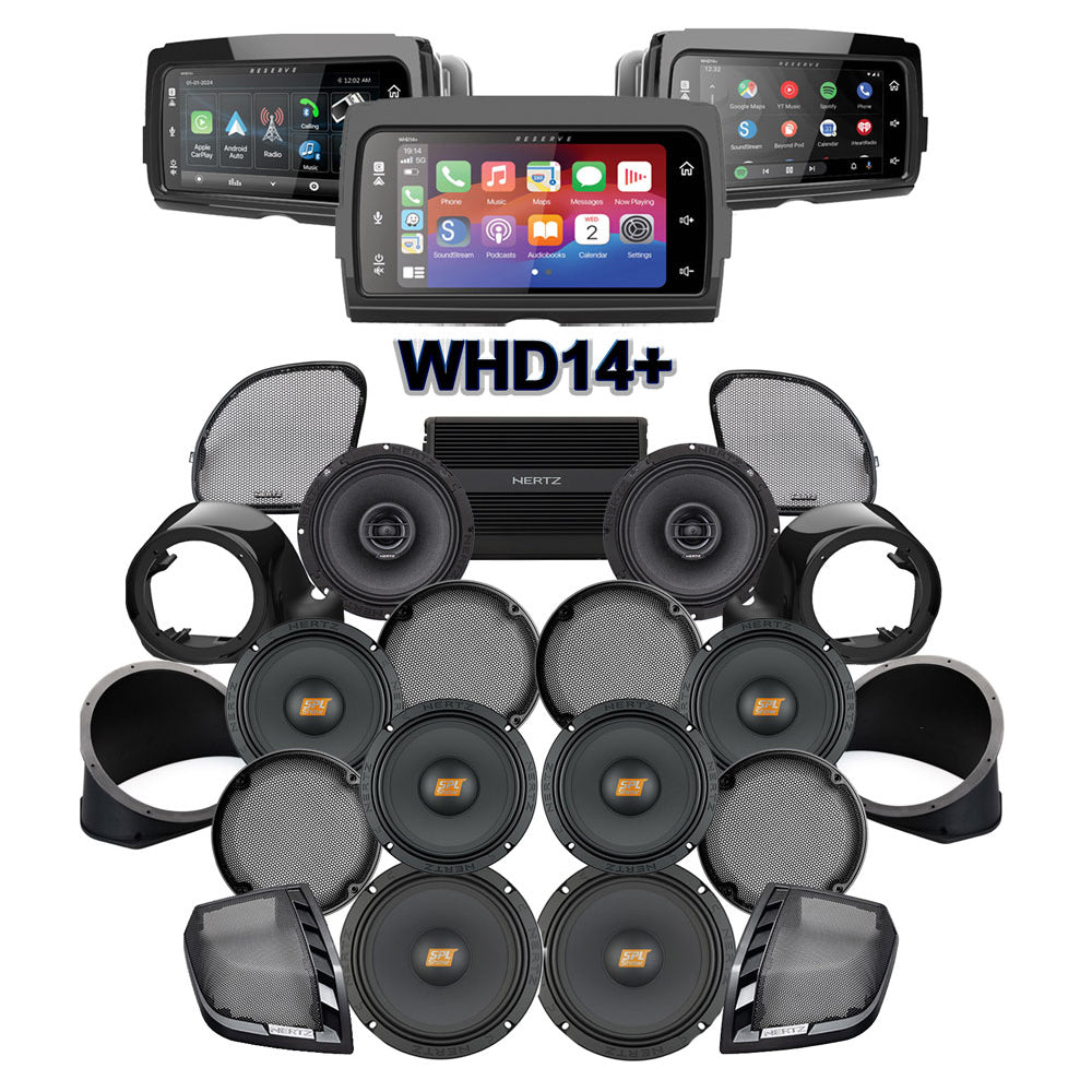 Hertz Stage 8 Plug & Play Amp and Rear 8" Speaker Package + Adapters with Liquid-Cooled Lower Fairing Adapters and SoundStream Reserve WHD14+ Radio For 2015-2024 Harley Davidson® Road Glide Ultra / Limited