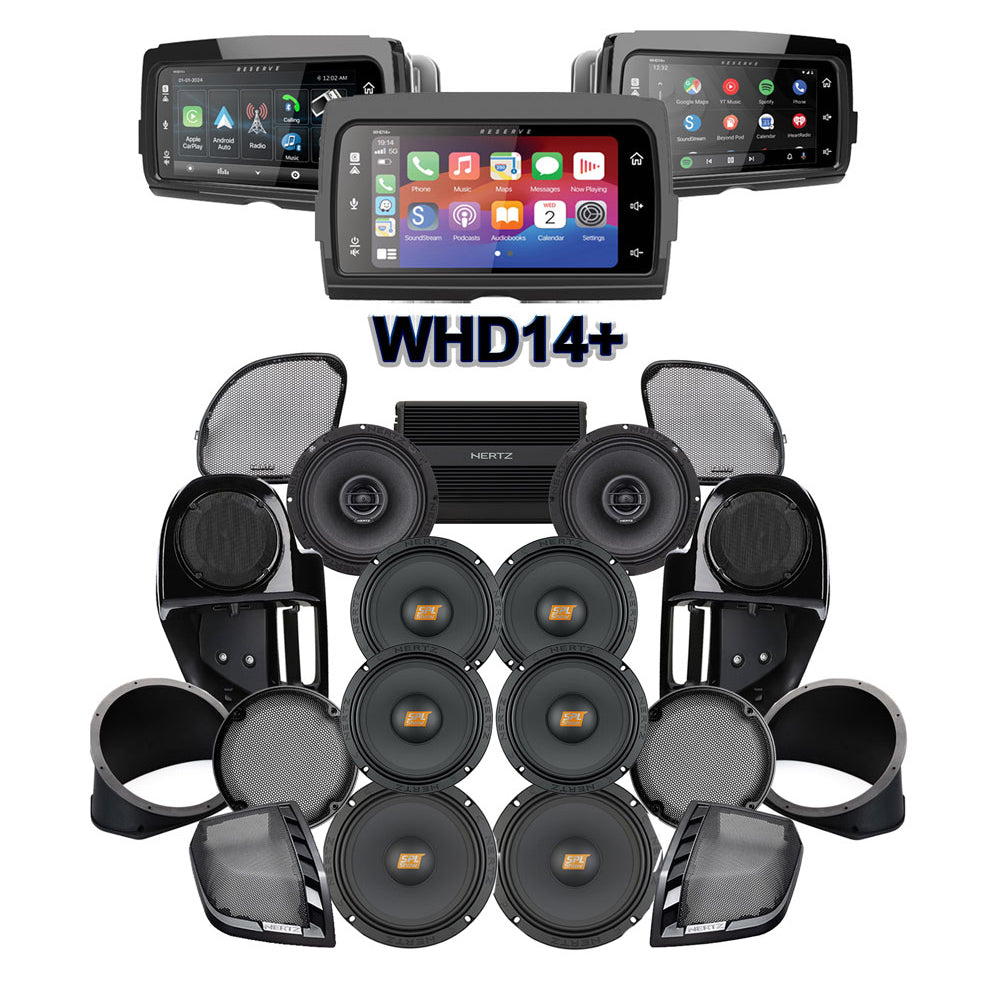 Hertz Stage 8 Plug & Play Amp and Rear 8" Speaker Package + Adapters with Complete Lower Fairing Adapters and SoundStream Reserve WHD14+ Radio For 2015-2023 Harley Davidson® Road Glide