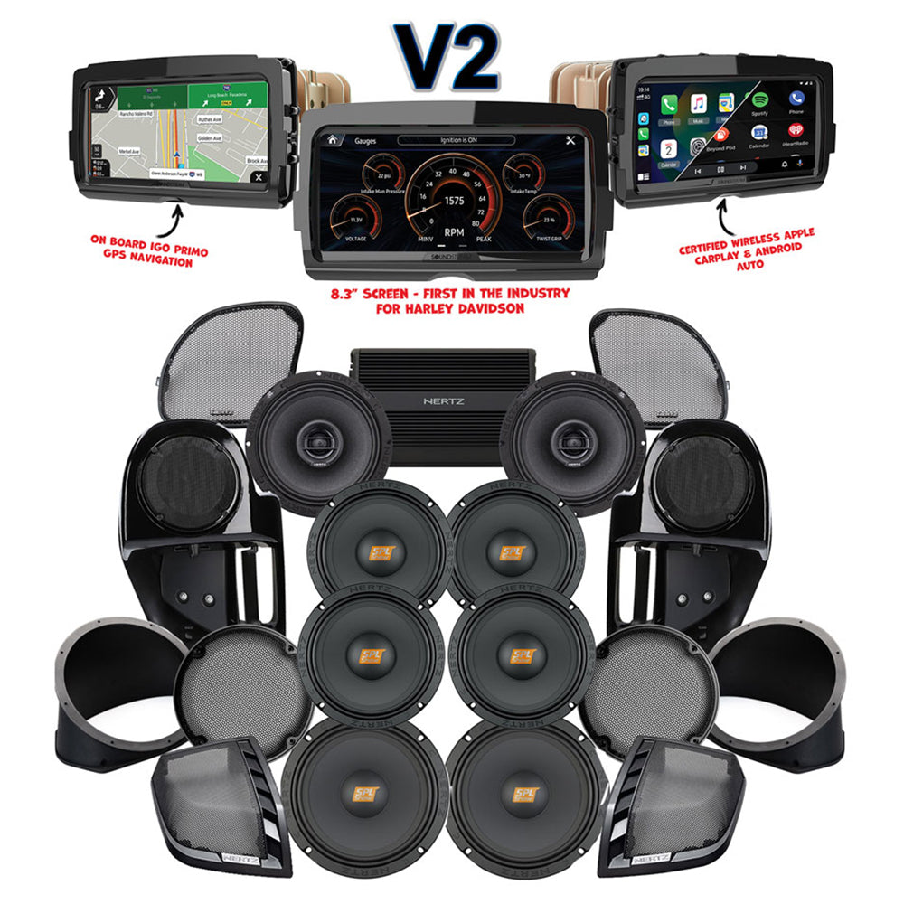 Hertz Stage 8 Plug & Play Amp and Rear 8" Speaker Package + Adapters with Complete Lower Fairing Adapters and SoundStream Reserve WHD14+ Radio For 2015-2023 Harley Davidson® Road Glide
