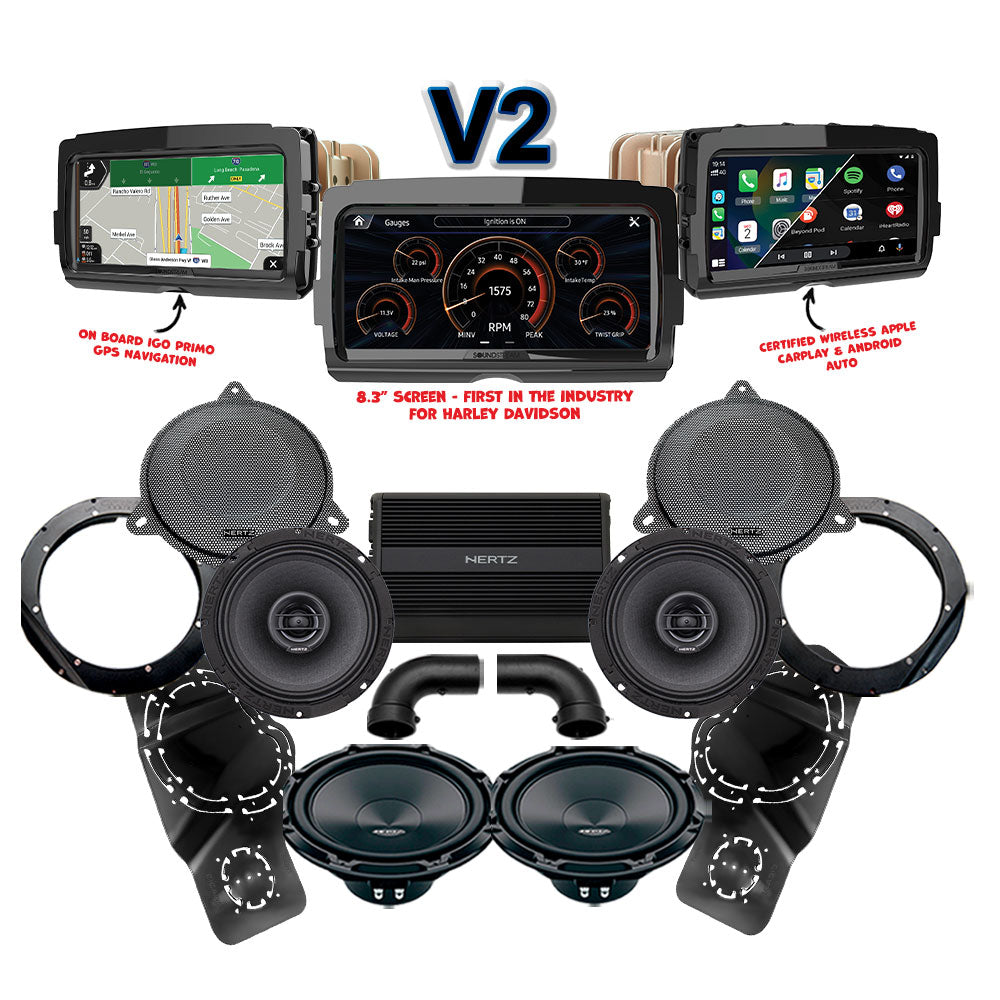 Hertz Stage 2 Plug & Play Amp, Speaker, and Subwoofer Package With Soundstream Reserve V2 Radio For 2014-2023 Harley Davidson® Street Glide, Electra Glide, and Ultra