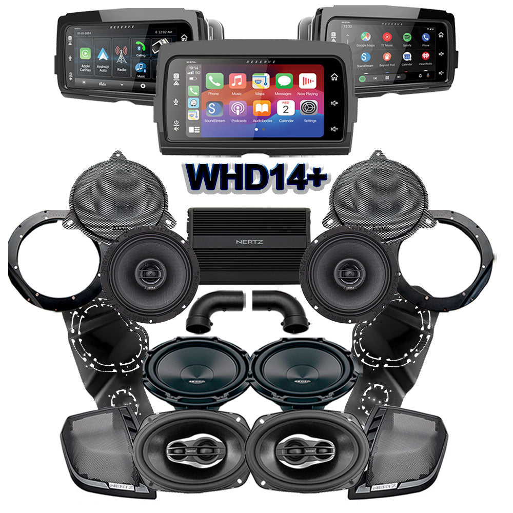 Hertz Stage 4 Ultimate Plug & Play Amp, Speaker, and Subwoofer Package With Soundstream Reserve WHD14+ Radio For 2014-2023 Harley Davidson® Street Glide, Electra Glide, And Ultra