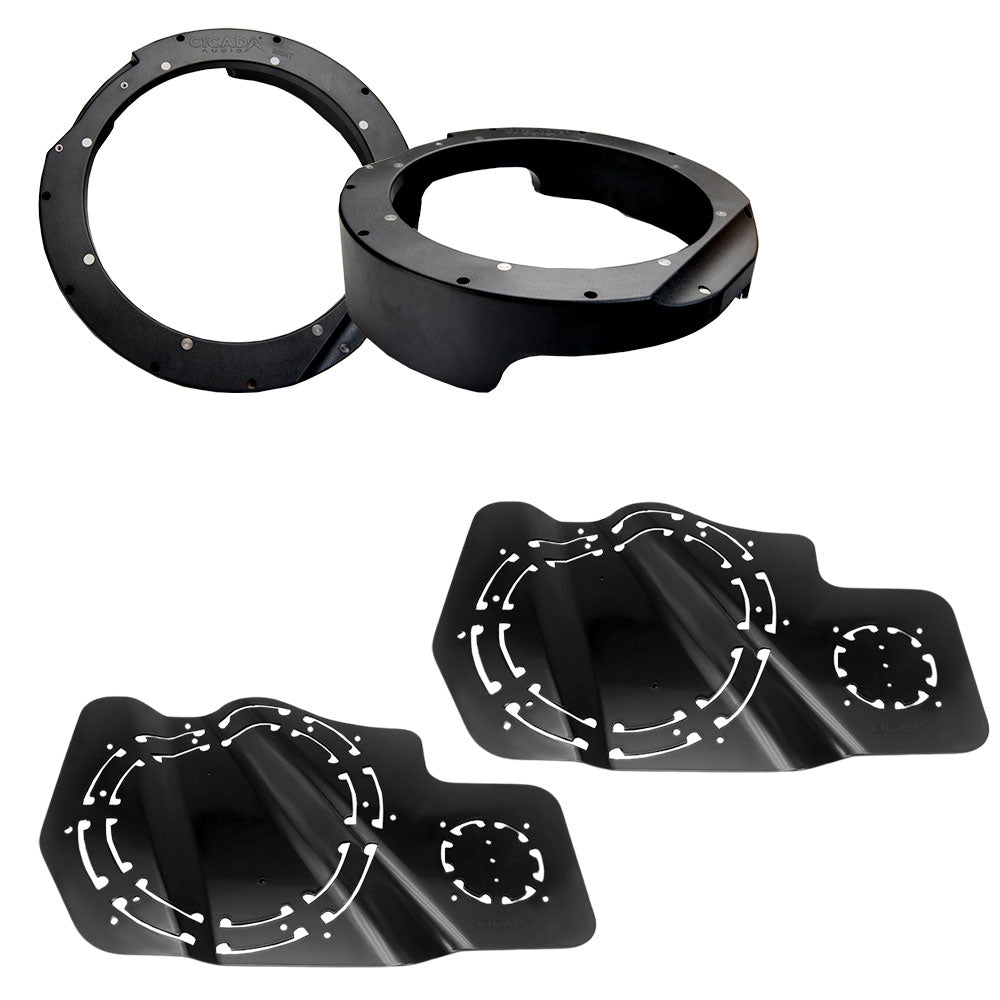 Cicada Audio Saddlebag Cutting Template and 8" or 10" Mid-Bass Mounting Ring and Grille Kits for 2024-Up Harley Davidson® Base Model Motorcycles