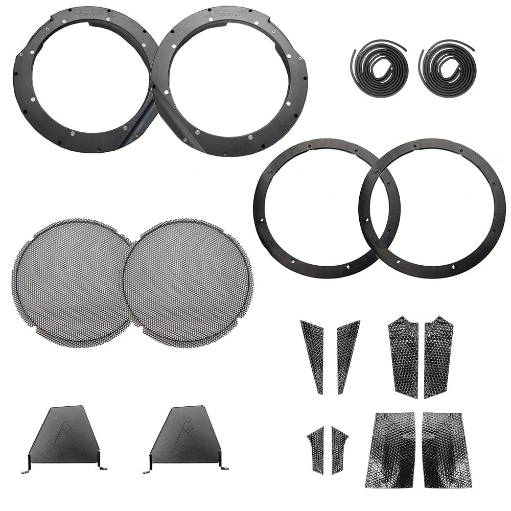Cicada Audio Saddlebag Cutting Template and 8" or 10" Mid-Bass Mounting Ring and Grille Kits for 2024-Up Harley Davidson® Base Model Motorcycles