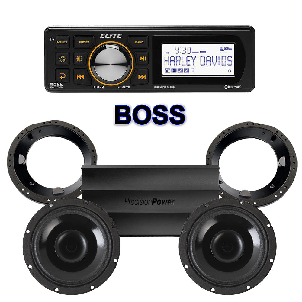 Precision Power HT Stage 2 Plug & Play Amp And Speaker Package With Boss Elite BEHDIN98 Radio For 1998-2013 Harley Davidson® Street Glide, Electra Glide, And Ultra