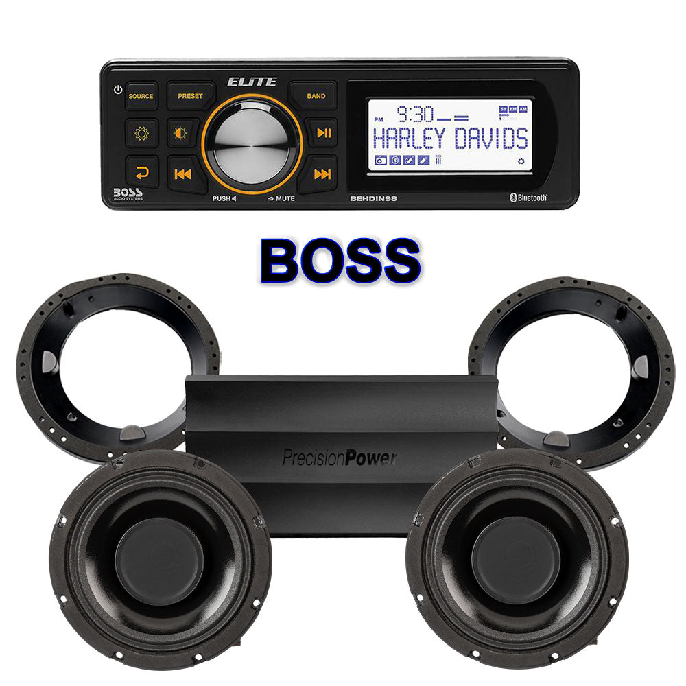 Precision Power HTW Stage 2 Plug & Play Amp And Speaker Package With Boss Elite BEHDIN98 Radio For 1998-2013 Harley Davidson® Road Glide