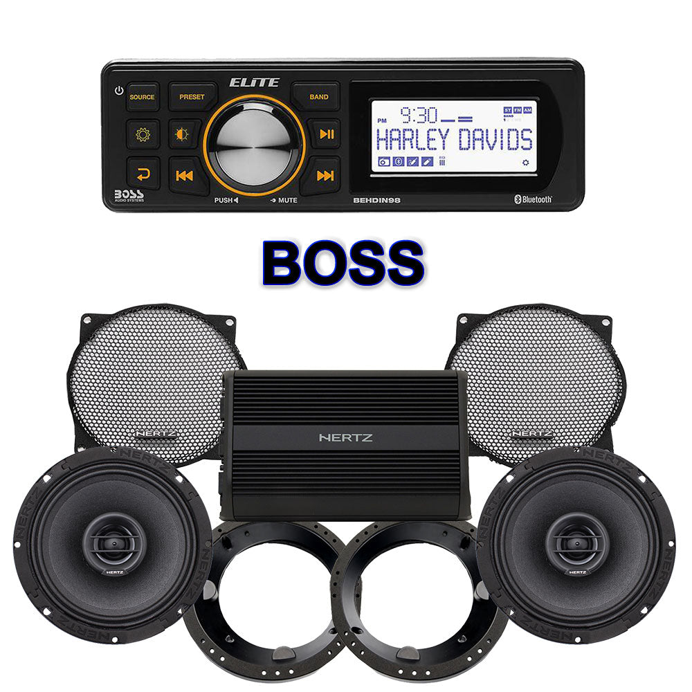 Hertz Stage 2 Plug & Play Amp And Speaker Package With Boss Elite BEHDIN98 Radio For 1998-2013 Harley Davidson® Street Glide, Electra Glide, And Ultra
