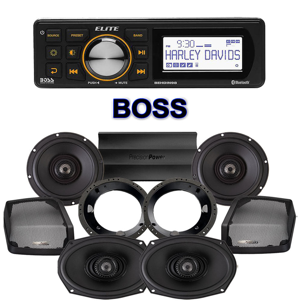 Precision Power Stage 4 Plug & Play Amp And Speaker Package With Boss Elite BEHDIN98 Radio For 1998-2013 Harley Davidson® Road Glide