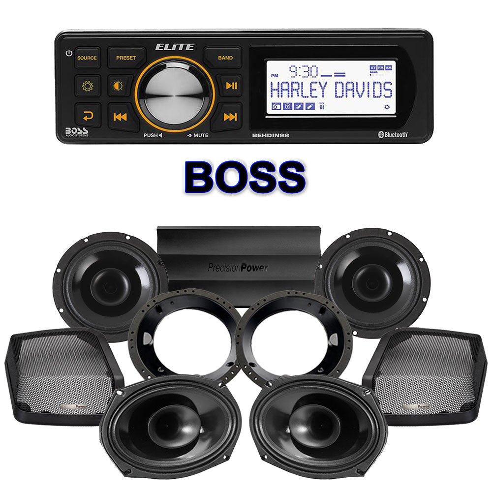 Precision Power HT Stage 4 Plug & Play Amp And Speaker Package With Boss Elite BEHDIN98 Radio For 1998-2013 Harley Davidson® Road Glide