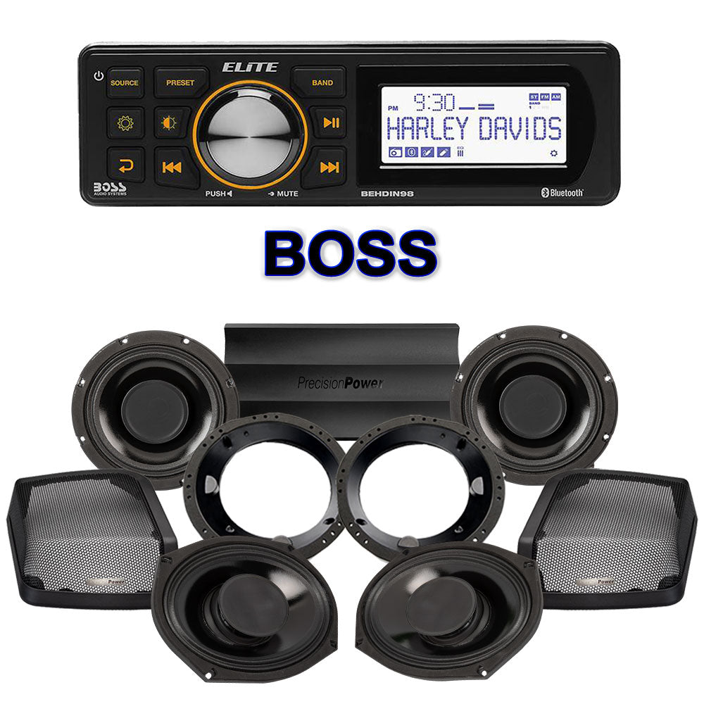 Precision Power HTW Stage 4 Plug & Play Amp And Speaker Package With Boss Elite BEHDIN98 Radio For 1998-2013 Harley Davidson® Road Glide