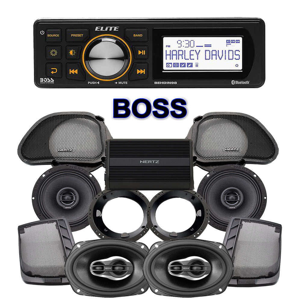 Hertz Stage 4 Plug & Play Amp And Speaker Package With Boss Elite BEHDIN98 Radio For 1998-2013 Harley Davidson® Road Glide