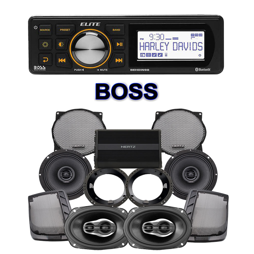 Hertz Stage 4 Plug & Play Amp And Speaker Package With Boss Elite BEHDIN98 Radio For 1998-2013 Harley Davidson® CVO Street Glide And Ultra