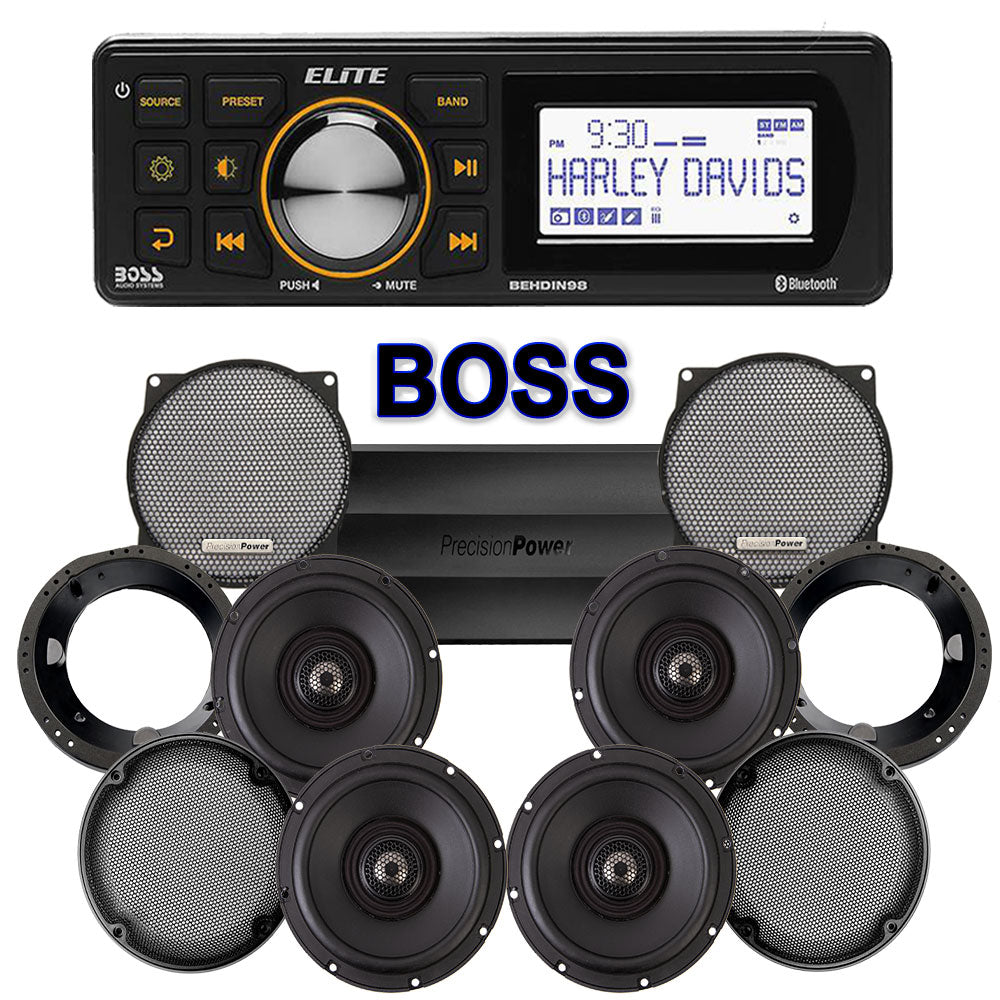 Precision Power Stage 4 Plug & Play Amp And Speaker Package With Boss Elite BEHDIN98 Radio For 1998-2013 Harley Davidson® Street Glide, Electra Glide, And Ultra