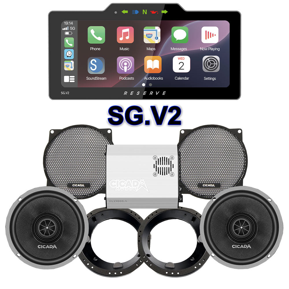 Cicada Audio CXX Stage 2 Plug & Play Amp And Speaker Package With Soundstream Reserve SG.V2 Radio For 1998-2013 Harley Davidson® Street Glide, Electra Glide, And Ultra
