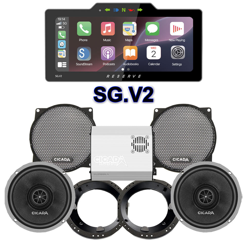 Cicada Audio CXX Stage 2 Plug & Play Amp And Speaker Package With Soundstream Reserve SG.V2 Radio For 1998-2013 Harley Davidson® Street Glide, Electra Glide, And Ultra