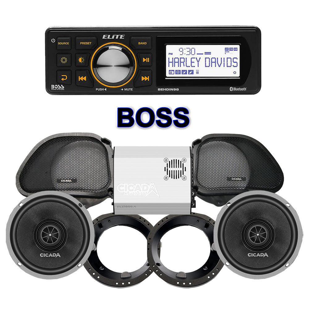 Cicada Audio CXX Stage 2 Plug & Play Amp And Speaker Package With Boss Elite BEHDIN98 Radio For 1998-2013 Harley Davidson® Road Glide