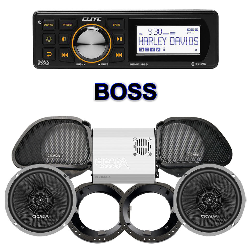 Cicada Audio CXX Stage 2 Plug & Play Amp And Speaker Package With Boss Elite BEHDIN98 Radio For 1998-2013 Harley Davidson® Road Glide