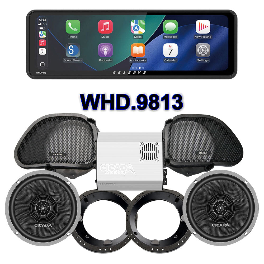 Cicada Audio CXX Stage 2 Plug & Play Amp And Speaker Package With Soundstream Reserve WHD.9813 Radio For 1998-2013 Harley Davidson® Road Glide