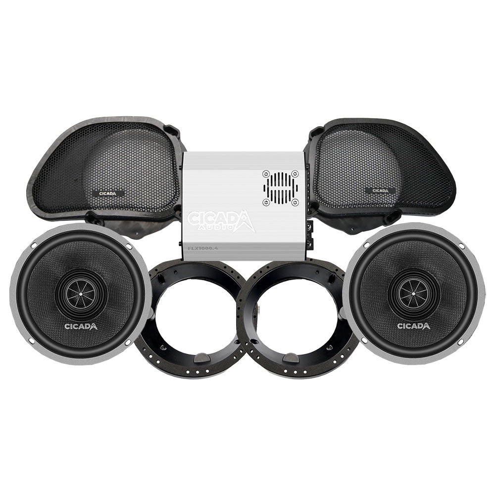 Cicada Audio CXX Stage 2 Plug & Play Amp And Speaker Package For 1996-2013 Harley Davidson® Road Glide for Existing Soundstream Reserve, Aquatic-AV, and Boss Radios