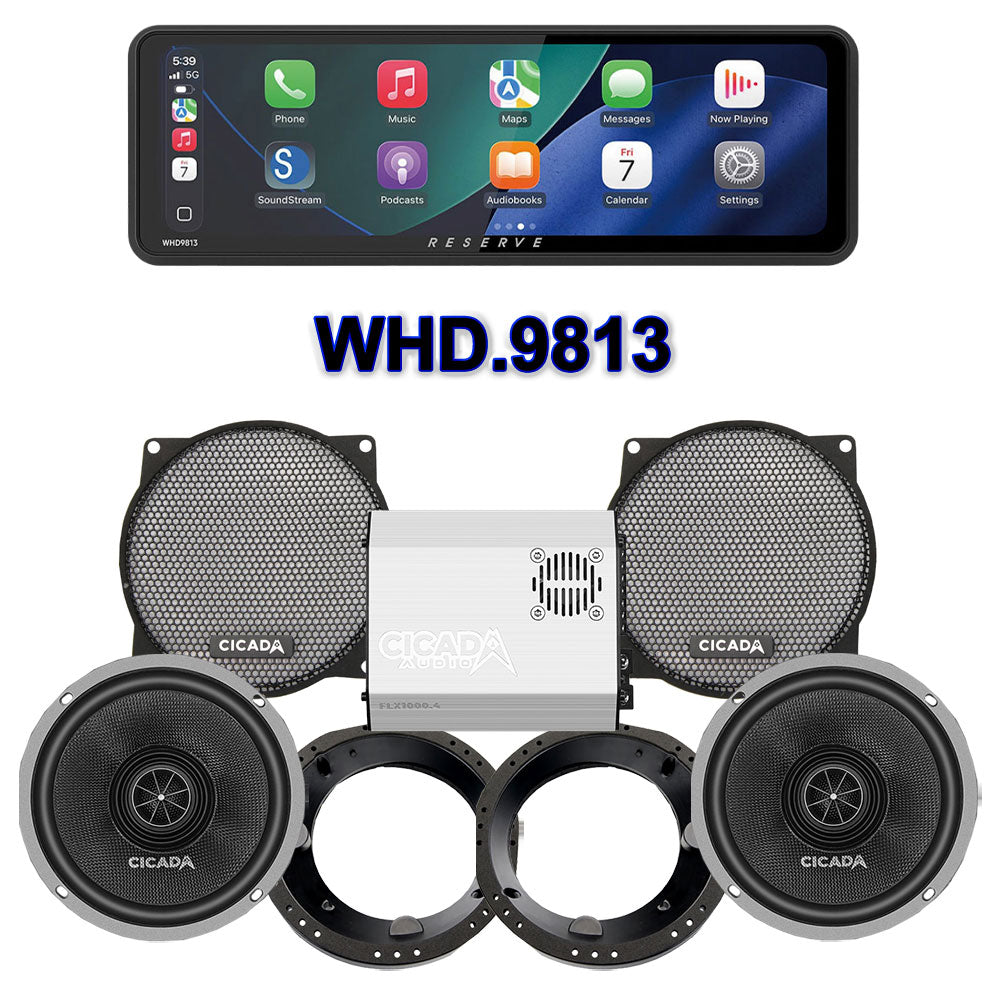 Cicada Audio CXX Stage 2 Plug & Play Amp And Speaker Package With Soundstream Reserve WHD.9813 Radio For 1998-2013 Harley Davidson® Street Glide, Electra Glide, And Ultra