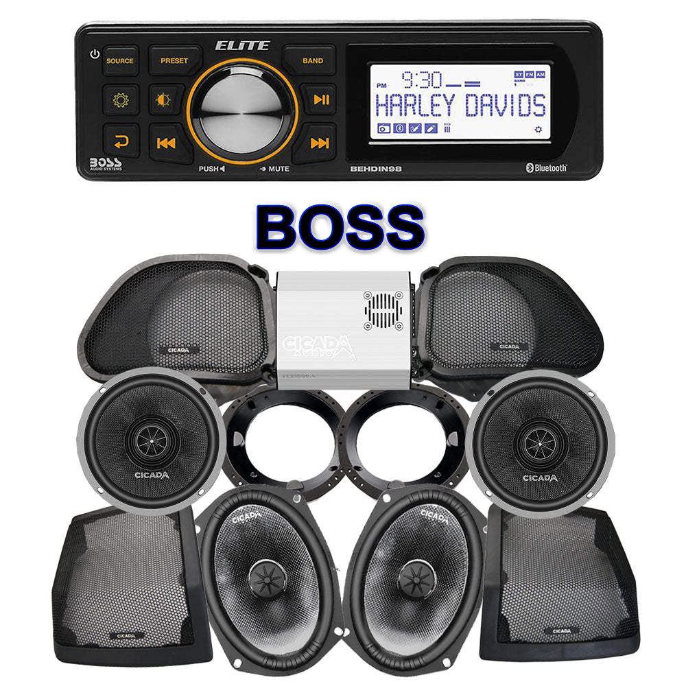 Cicada Audio CXX Stage 4 Plug & Play Amp And Speaker Package With Boss Elite BEHDIN98 Radio For 1998-2013 Harley Davidson® Road Glide