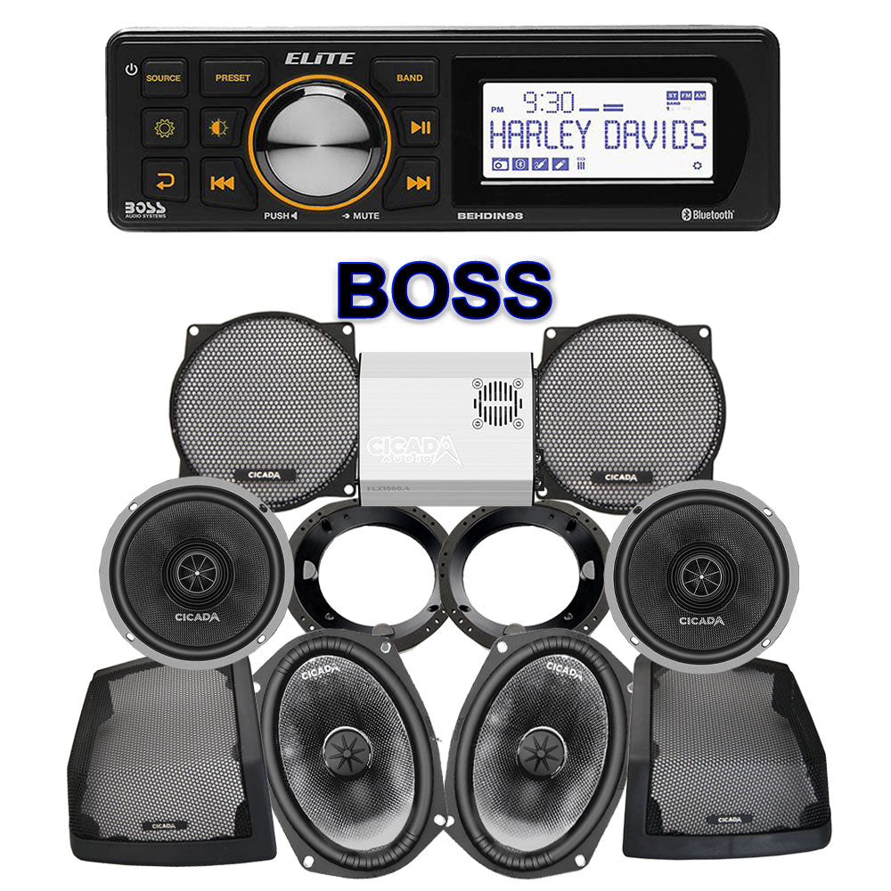 Cicada Audio CXX Stage 4 Plug & Play Amp And Speaker Package With Boss Elite BEHDIN98 Radio For 1998-2013 Harley Davidson® Street Glide, Electra Glide, And Ultra
