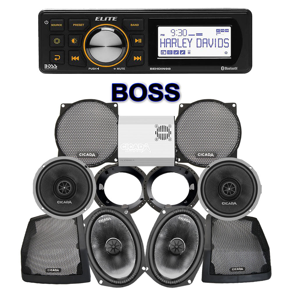 Cicada Audio CXX Stage 4 Plug & Play Amp And Speaker Package With Boss Elite BEHDIN98 Radio For 1998-2013 Harley Davidson® CVO Street Glide And Ultra
