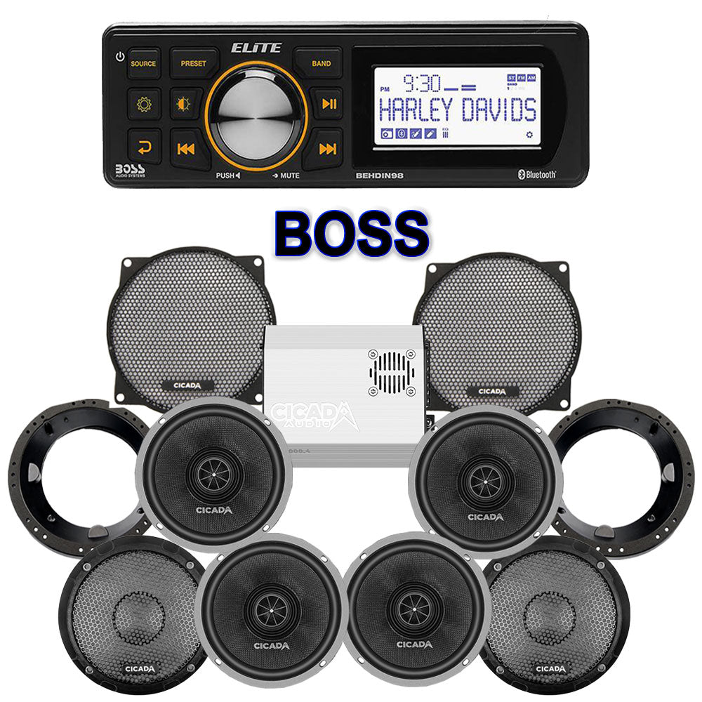 Cicada Audio CXX Stage 4 Plug & Play Amp And Speaker Package With Boss Elite BEHDIN98 Radio For 1998-2013 Harley Davidson® Street Glide, Electra Glide, And Ultra