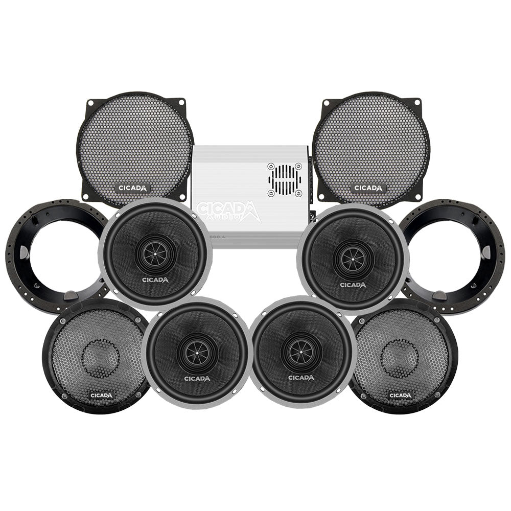 Cicada Audio CXX Stage 4 Plug & Play Amp And Speaker Package For 1996-2013 Harley Davidson® Street Glide, Electra Glide, And Ultra for Existing SoundStream Reserve, Aquatic-AV, and Boss Radios