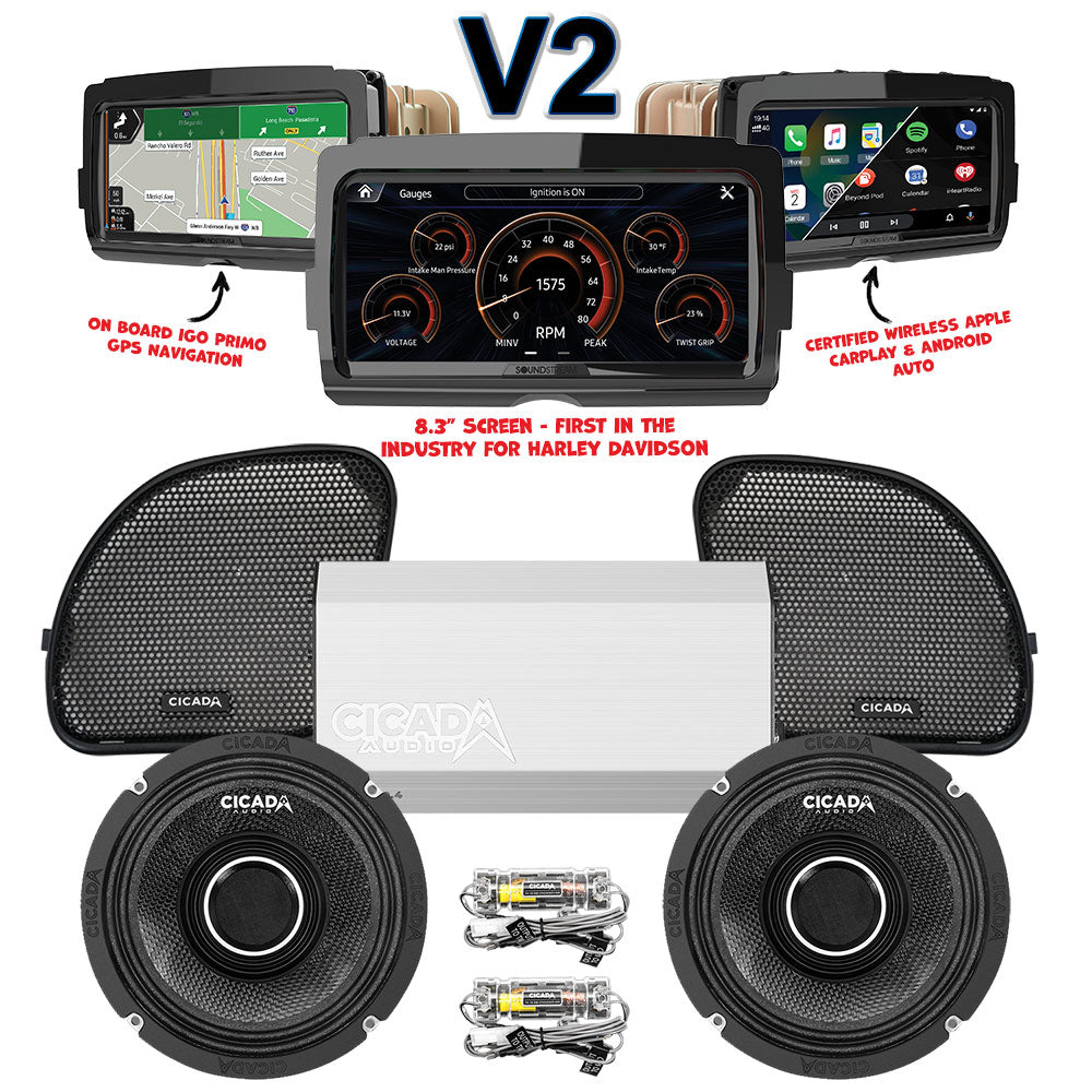 Cicada Audio CHX Stage 2 Plug & Play Amp and Speaker Package With Soundstream Reserve V2 Radio For 2015-2023 Harley Davidson® Road Glide