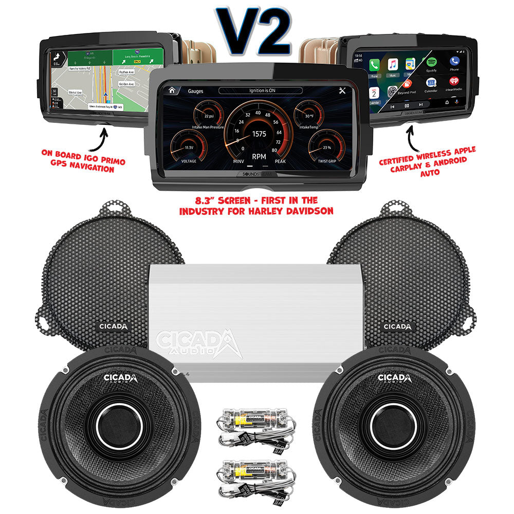 Cicada Audio CHX Stage 2 Plug & Play Amp and Speaker Package With Soundstream Reserve V2 Radio For 2014-2023 Harley Davidson® Street Glide, Electra Glide, and Ultra
