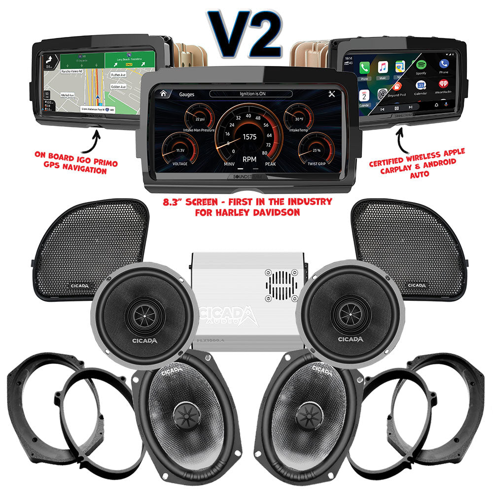 Cicada Audio CXX / CMB Stage 4 Plug & Play Amp And Speaker Package With Soundstream Reserve V2 Radio For 2015-2021 Harley Davidson® CVO Road Glide