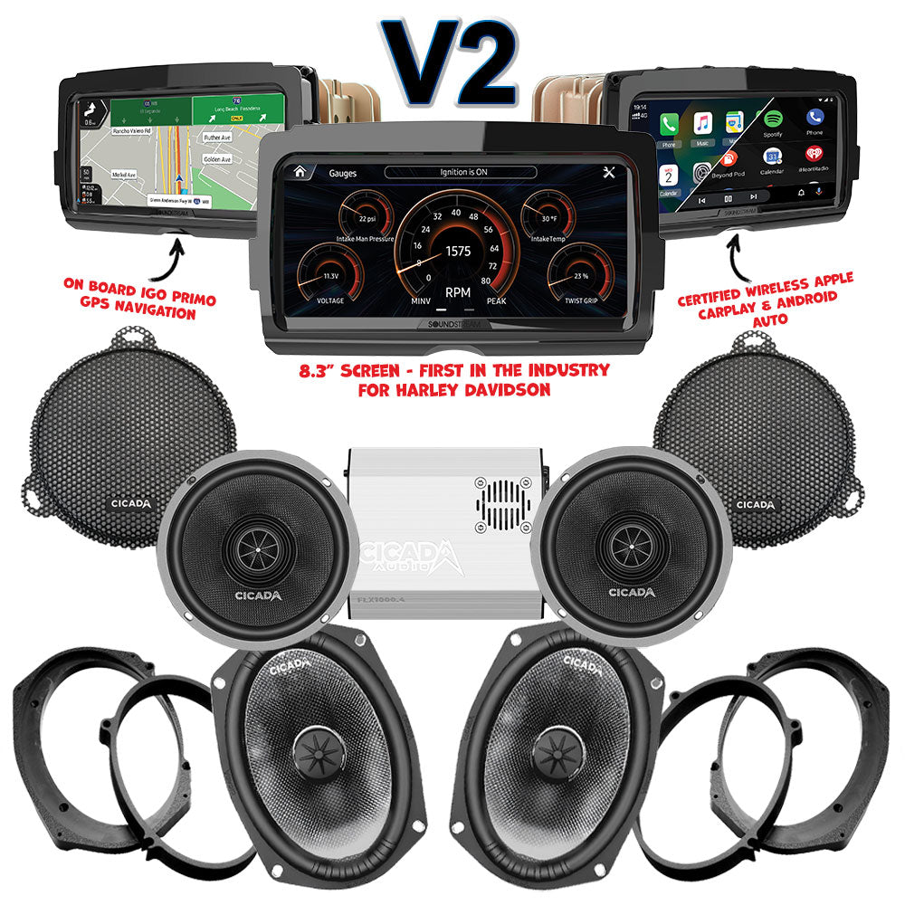 Cicada Audio CXX / CMB Stage 4 Plug & Play Amp And Speaker Package With Soundstream Reserve V2 Radio For 2021-2023 Harley Davidson® CVO Street Glide With HD Audio By Rockford