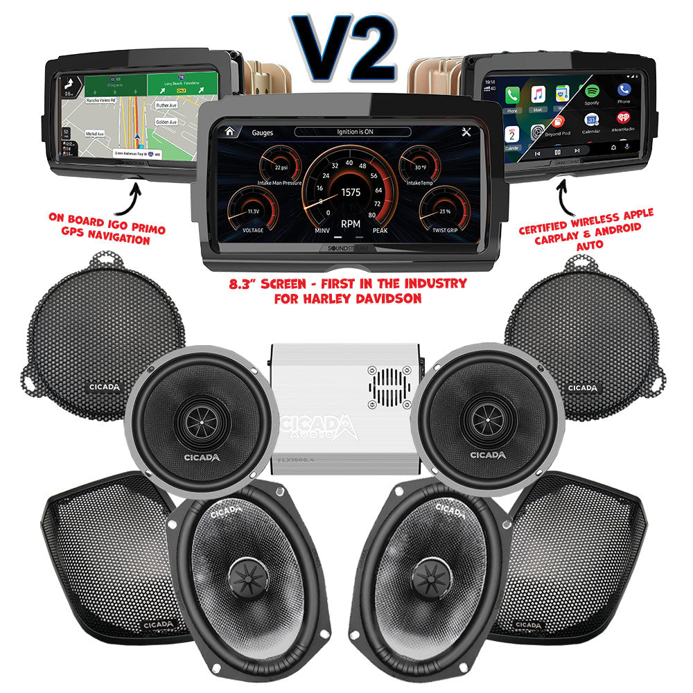 Cicada Audio CXX /CMB Stage 4 Plug & Play Amp And Speaker Package With Soundstream Reserve V2 Radio For 2014-2023 Harley Davidson® Street Glide, Electra Glide, And Ultra