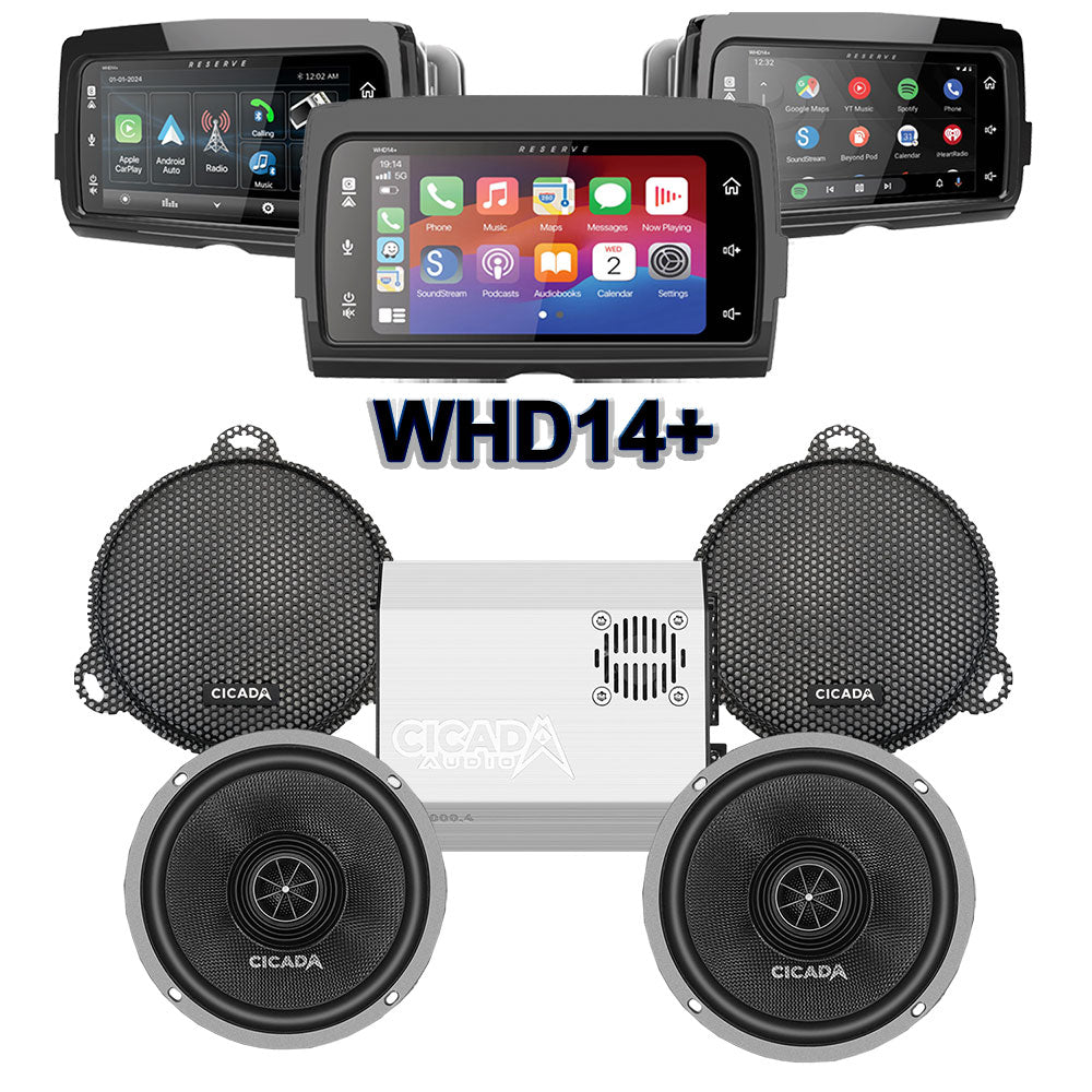 Cicada Audio CXX Stage 2 Plug & Play Amp and Speaker Package With Soundstream Reserve WHD14+ Radio For 2014-2023 Harley Davidson® Street Glide, Electra Glide, and Ultra