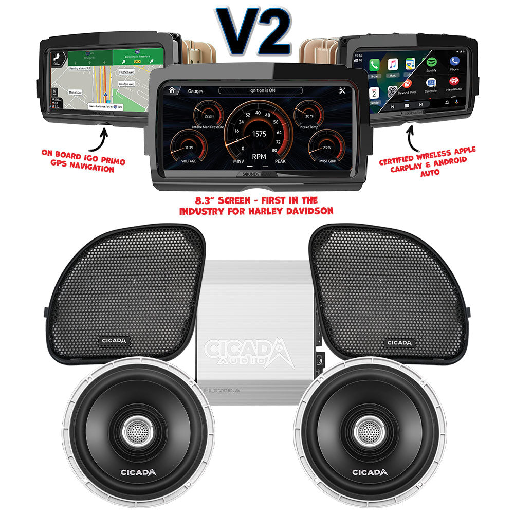 Cicada Audio CX Stage 2 Plug & Play Amp and Speaker Package With Soundstream Reserve V2 Radio For 2015-2023 Harley Davidson® Road Glide