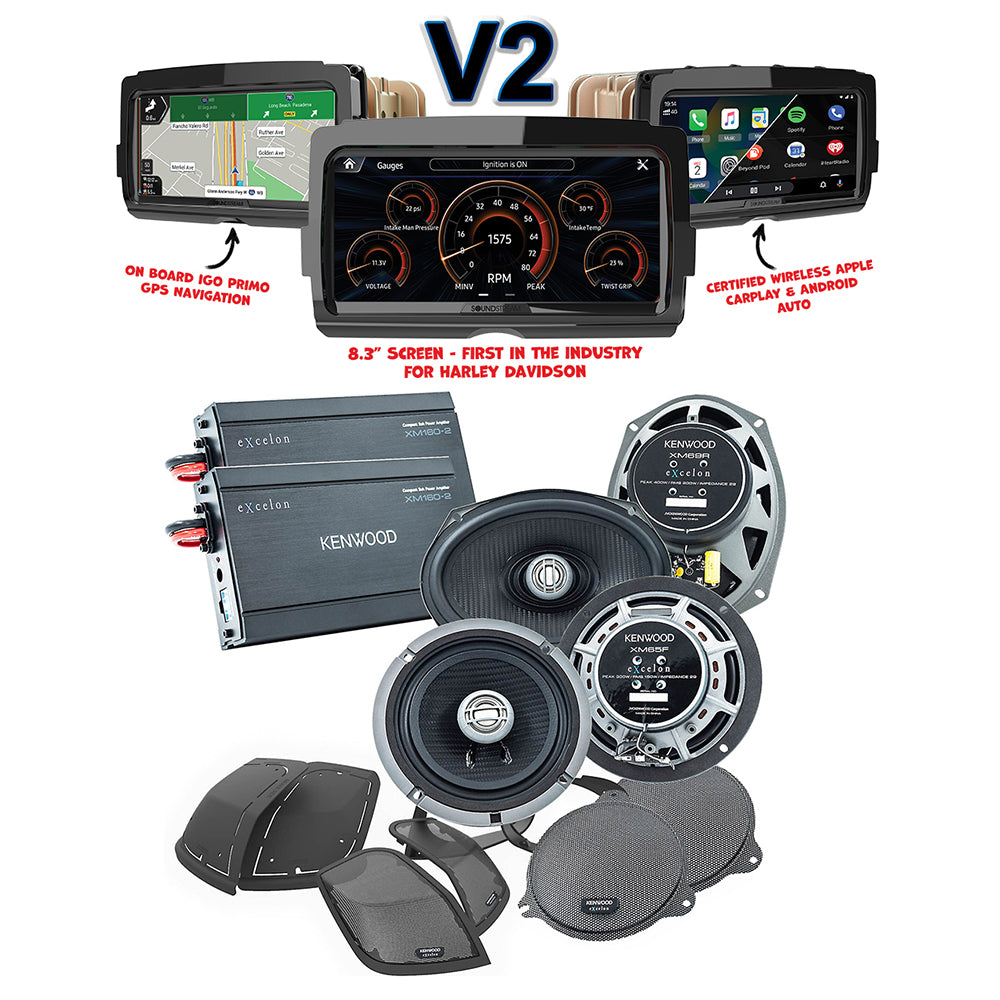 Kenwood Excelon P-HD3FR Upper Fairing & Saddlebag Audio Kit + Soundstream V2 Radio for select 2014-Up Harley Davidson® Motorcycles