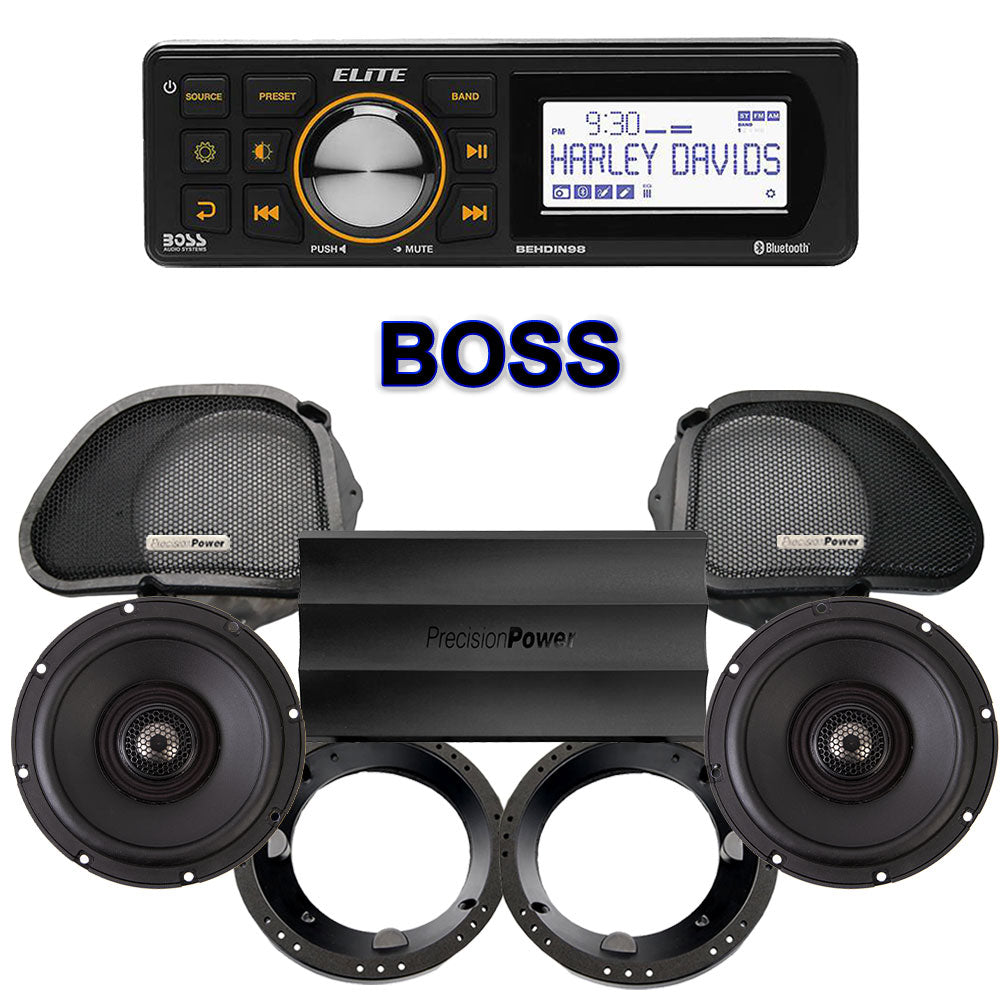 Precision Power Stage 2 Plug & Play Amp And Speaker Package With Boss Elite BEHDIN98 Radio For 1998-2013 Harley Davidson® Road Glide