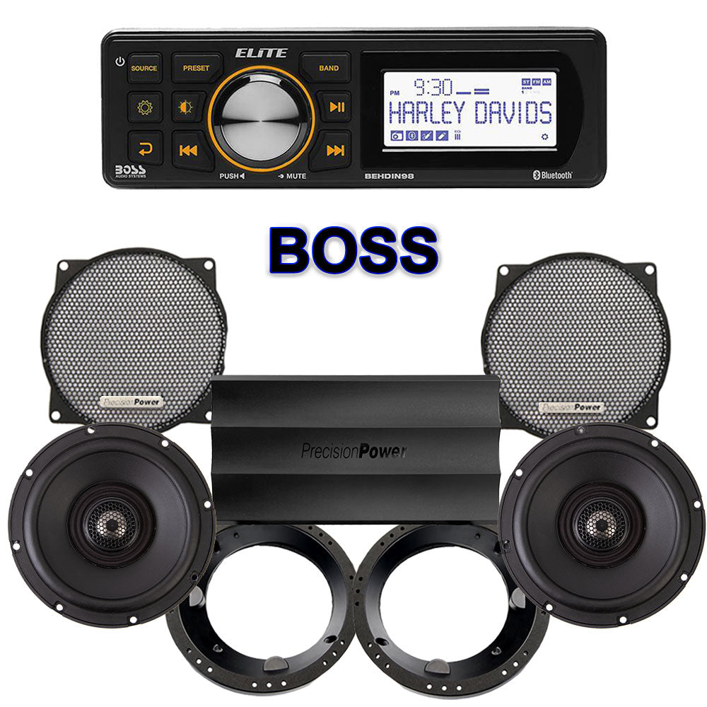 Precision Power Stage 2 Plug & Play Amp And Speaker Package With Boss Elite BEHDIN98 Radio For 1998-2013 Harley Davidson® Street Glide, Electra Glide, And Ultra