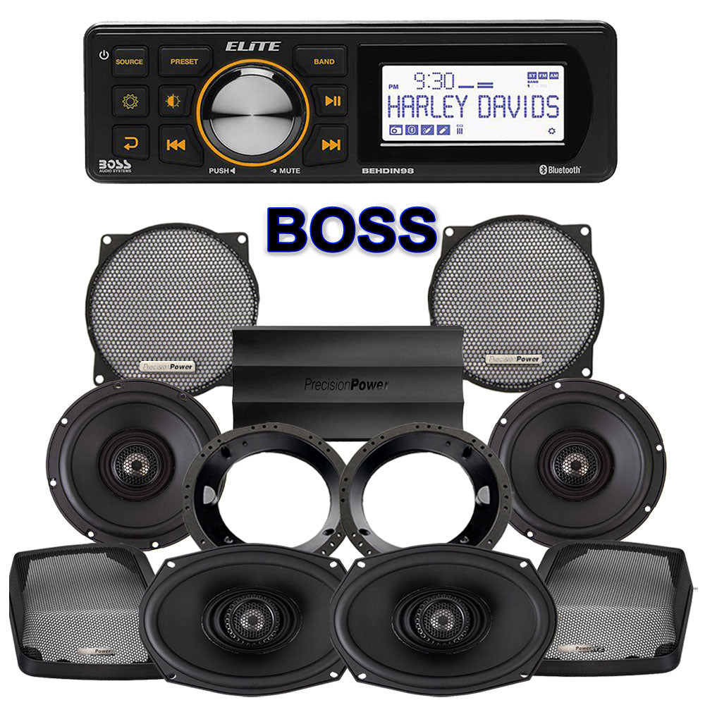 Precision Power Stage 4 Plug & Play Amp And Speaker Package With Boss Elite BEHDIN98 Radio For 1998-2013 Harley Davidson® Street Glide, Electra Glide, And Ultra