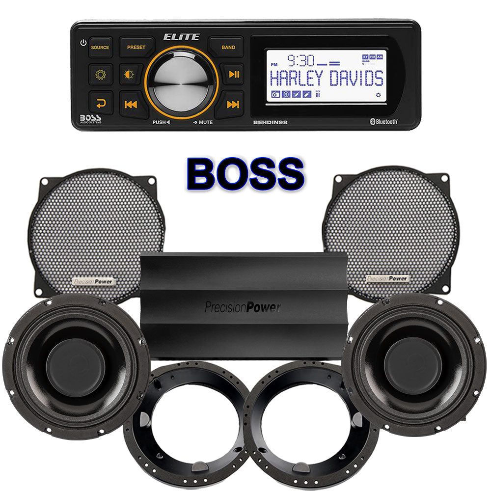 Precision Power HTW Stage 2 Plug & Play Amp And Speaker Package With Boss Elite BEHDIN98 Radio For 1998-2013 Harley Davidson® Street Glide, Electra Glide, And Ultra