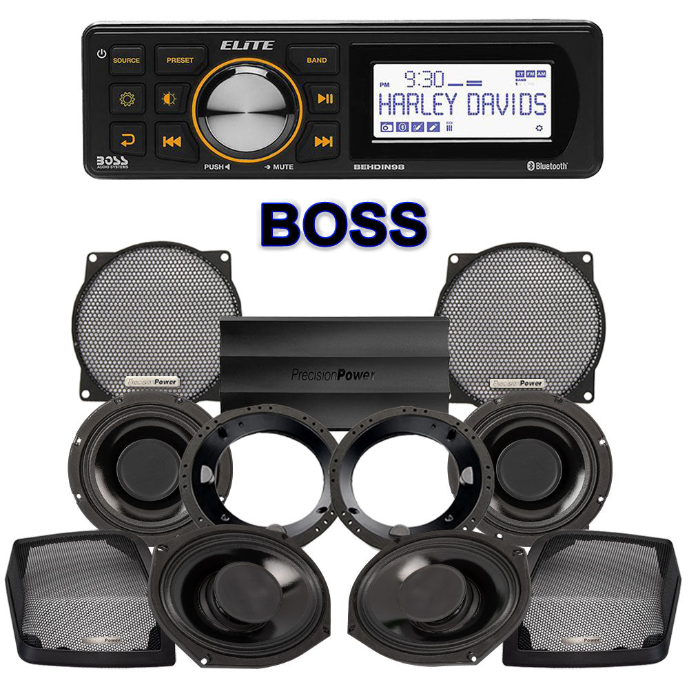 Precision Power HTW Stage 4 Plug & Play Amp And Speaker Package With Boss Elite BEHDIN98 Radio For 1998-2013 Harley Davidson® Street Glide, Electra Glide, And Ultra