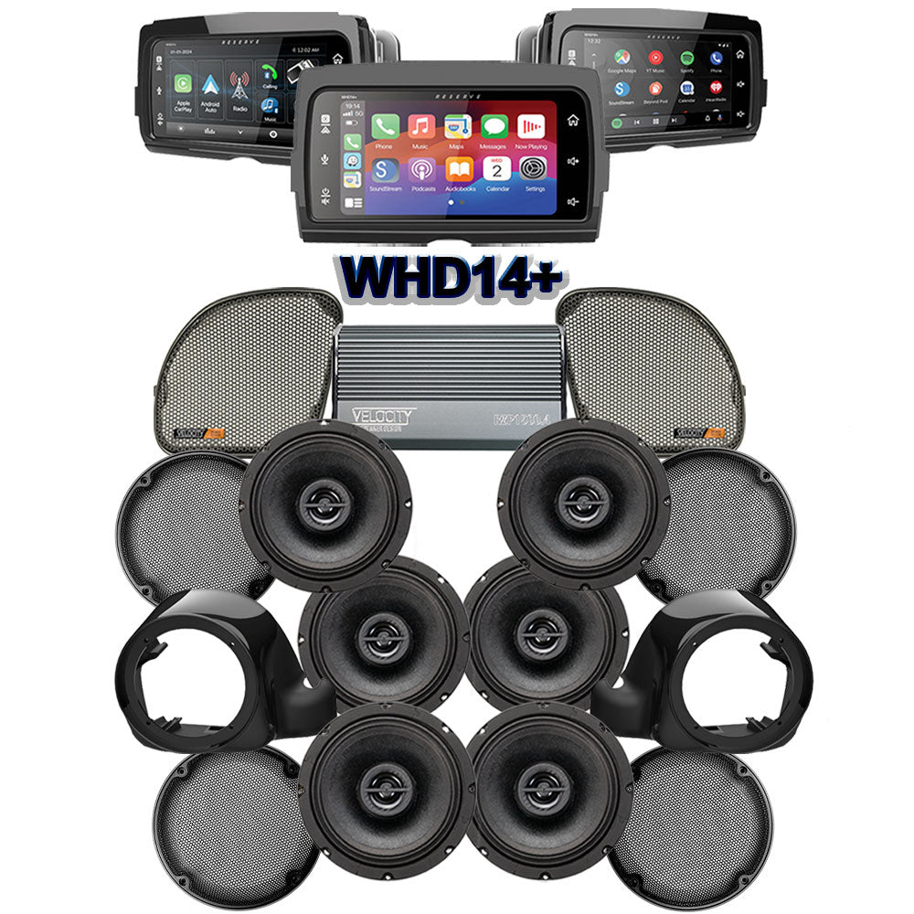 Velocity Stage 6 Plug & Play Amp and Speaker Package with Liquid-Cooled Lower Fairing Adapters and SoundStream Reserve WHD14+ Radio For 2015-2024 Harley Davidson® Road Glide Ultra / Limited