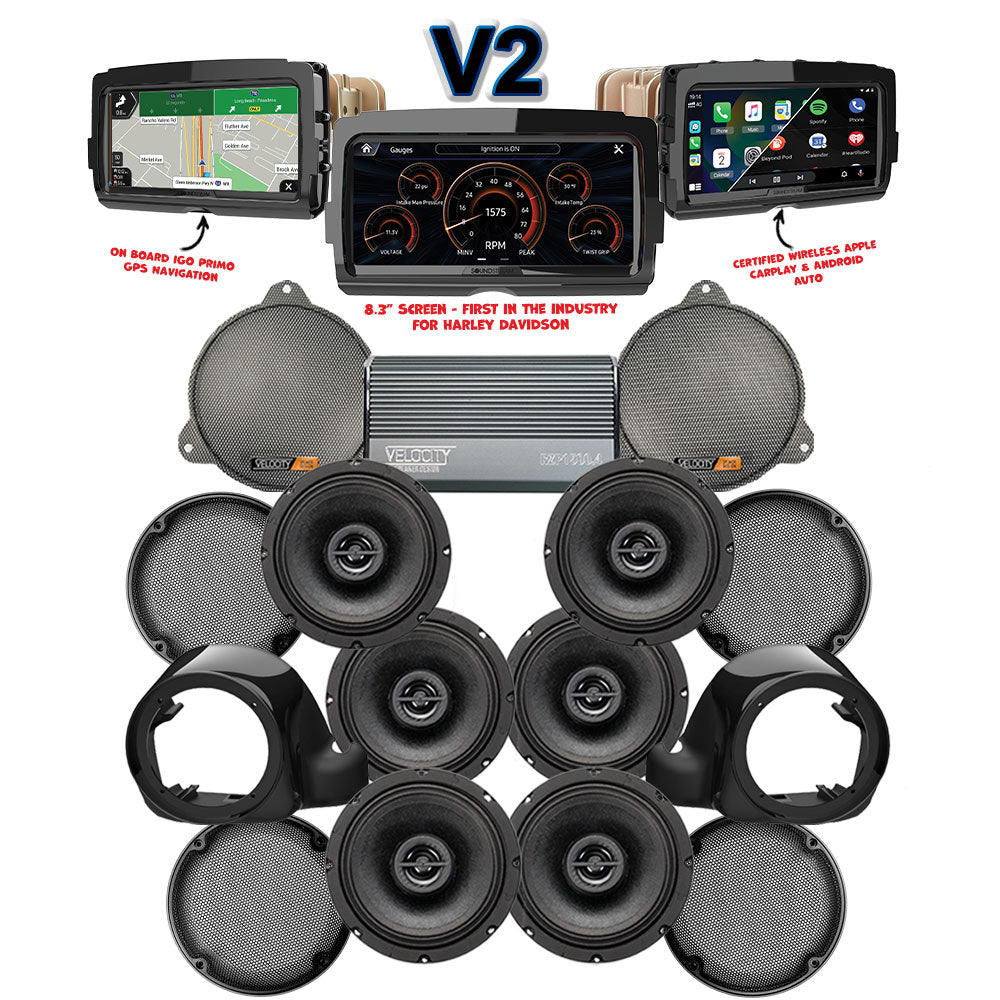 Velocity Stage 6 Plug & Play Amp and Speaker Package with Liquid-Cooled Lower Fairing Adapters and Soundstream Reserve V2 Radio For 2021-2023 Harley Davidson® CVO Tri Glide