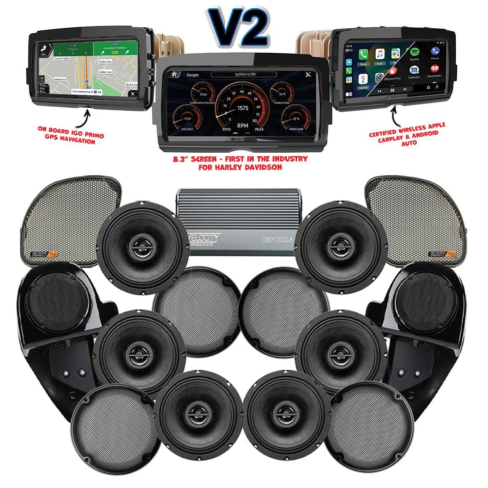 Velocity Stage 6 Plug & Play Amp and Speaker Package with Complete Lower Fairing Adapters and SoundStream Reserve V2 Radio For 2015-2023 Harley Davidson® Road Glide
