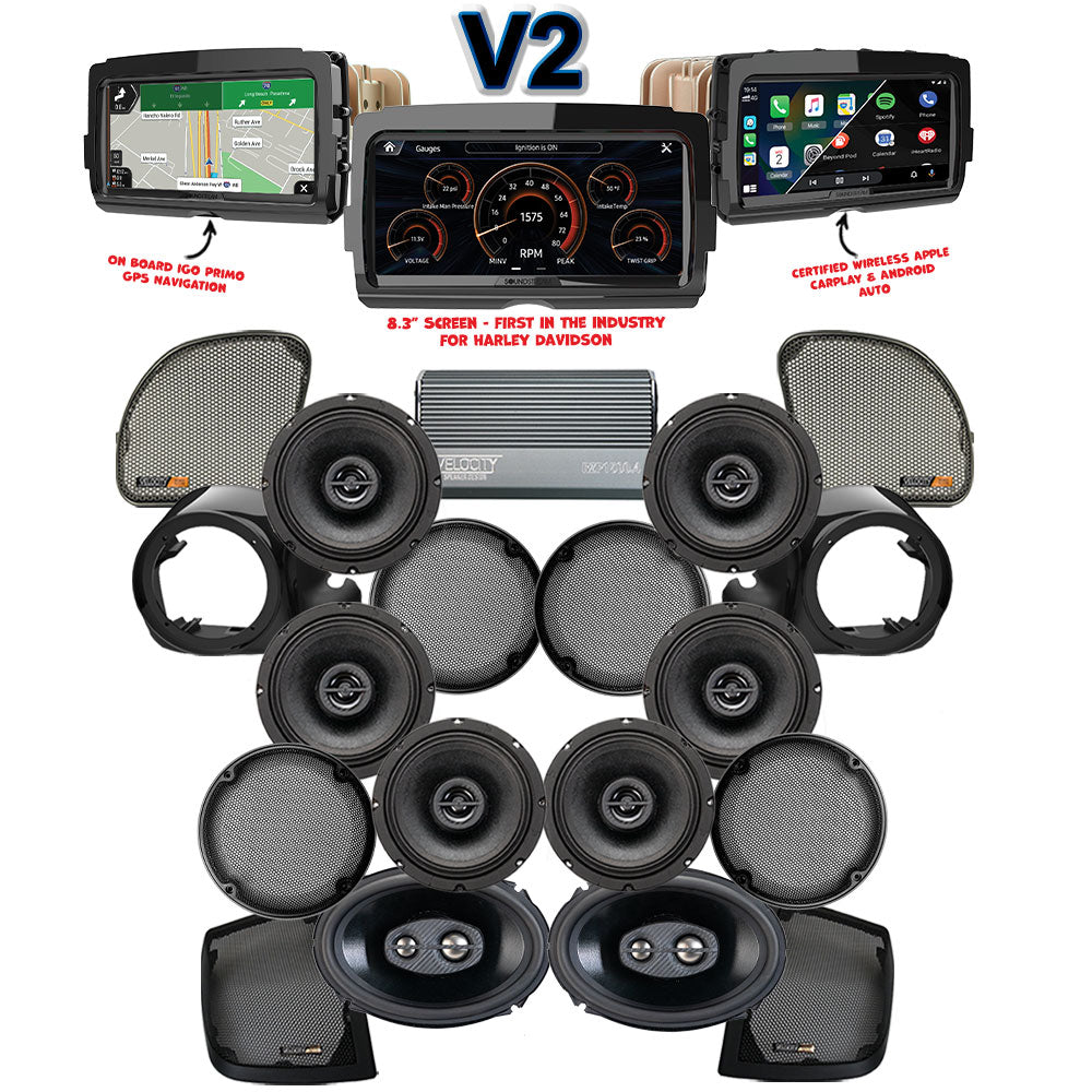 Velocity Stage 8 Plug & Play Amp and Speaker Package with Complete Lower Fairing Adapters and SoundStream Reserve V2 Radio For 2015-2023 Harley Davidson® Road Glide