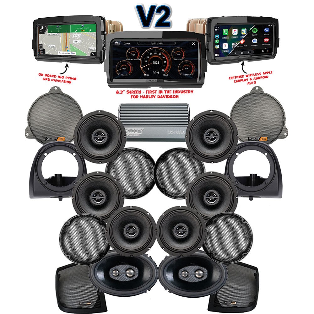 Velocity Stage 8 Plug & Play Amp and Speaker Package with Air-Cooled Lower Fairing Adapters and SoundStream Reserve V2 Radio For 2014-2019 Harley Davidson® Electra Glide Ultra