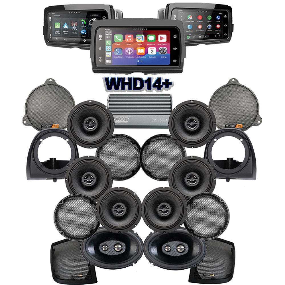 Velocity Stage 8 Plug & Play Amp and Speaker Package with Air-Cooled Lower Fairing Adapters and SoundStream Reserve WHD14+ Radio For 2014-2019 Harley Davidson® Electra Glide Ultra