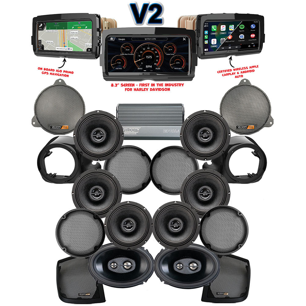 Velocity Stage 8 Plug & Play Amp and Speaker Package With Liquid-Cooled Lower Fairing Pods and Soundstream Reserve V2 Radio For 2014-2021 Harley Davidson® CVO Ultra / Limited